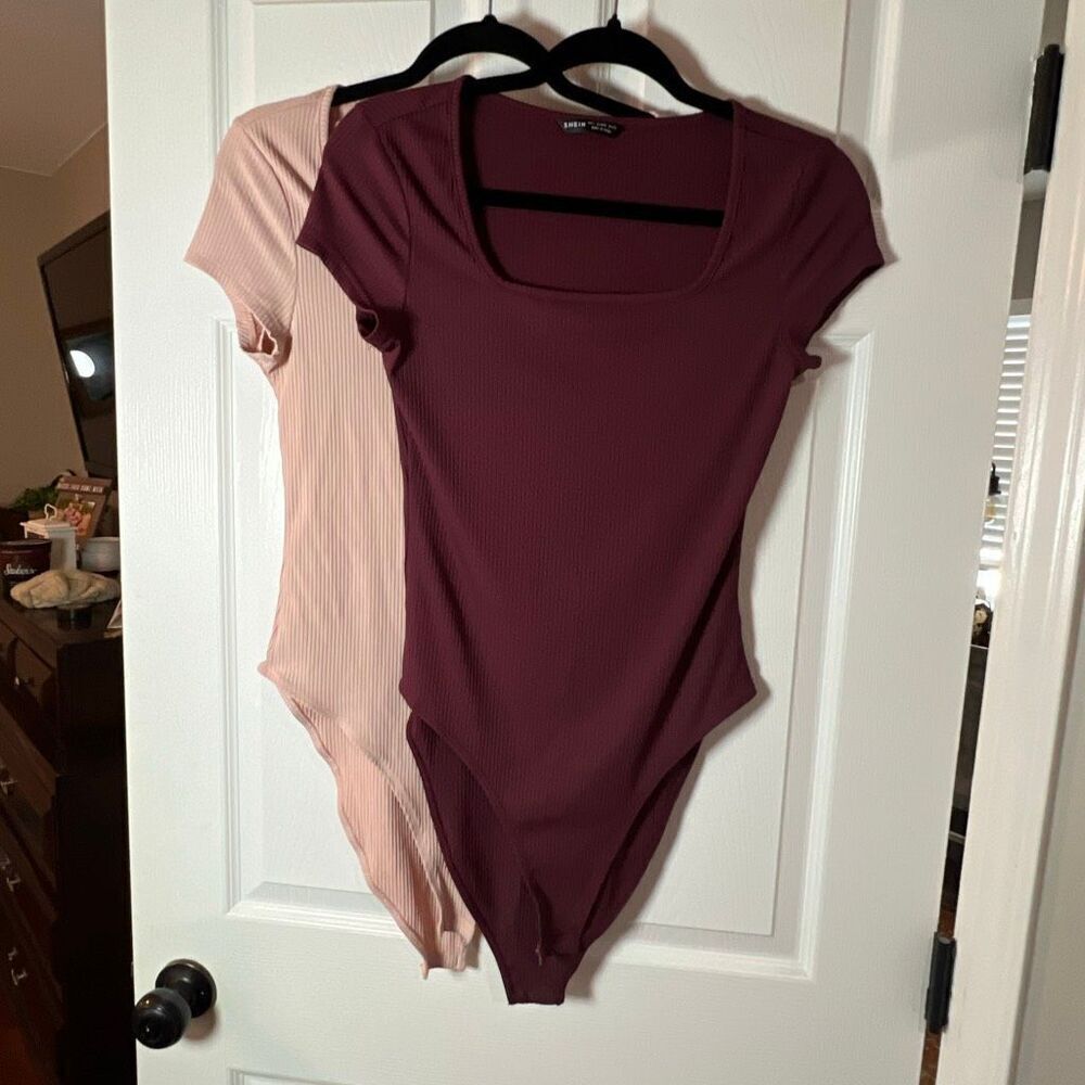 SHEIN Ribbed Bodysuit Bundle – 2 Piece (Burgundy & Blush Pink) – Size L
